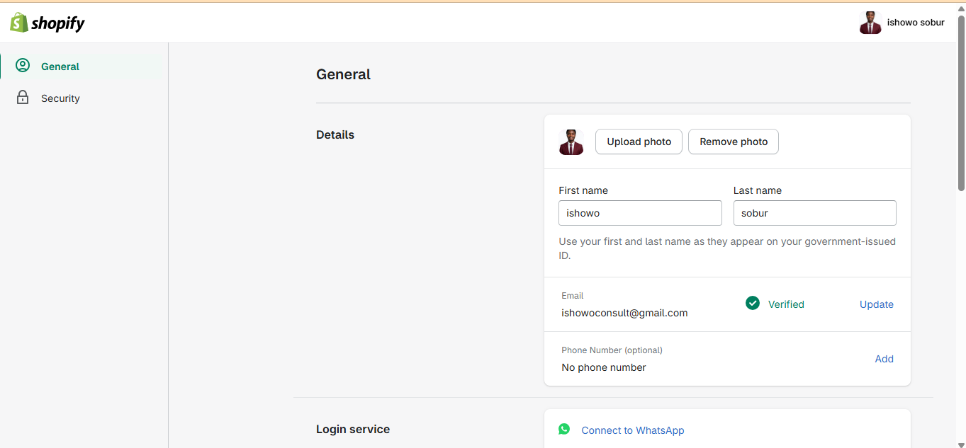 Verified Shopify account details for Ishowo Sobur Eyitayo