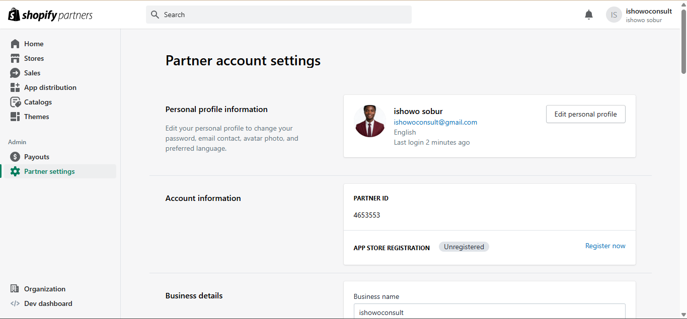 Shopify Partners account settings page for ishowo sobur